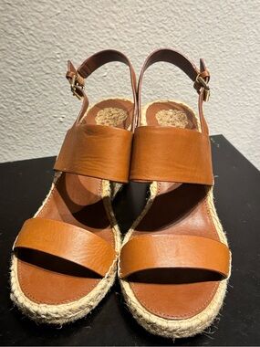 Vince Camuto Women’s Tan Espadrille Wedge Sandals - Classic Leather Straps